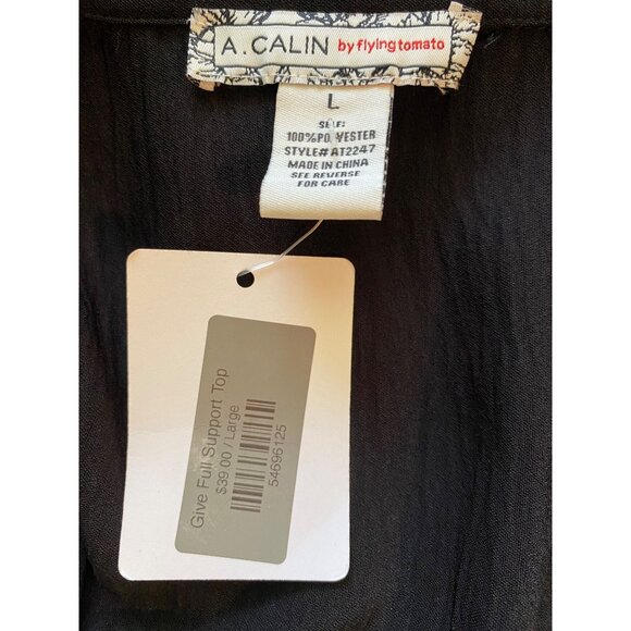 A. Calin By Flying Tomato Blouse Women L Black Long-Sleeve Smocked Cuffs Peasant - Picture 5 of 14